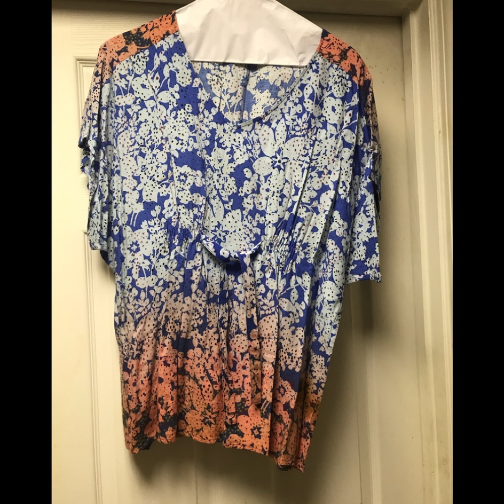 Cabi oriental style blue and rust floral top sz XL